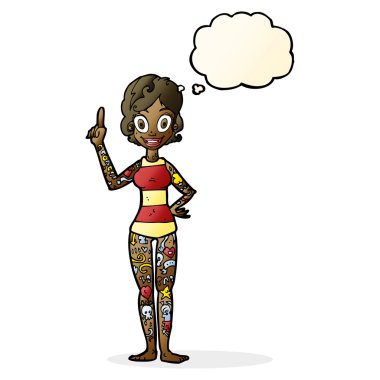 Düşünce baloncuğu dövmeleri olan karikatür kadın.