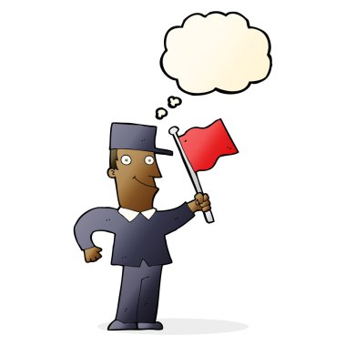 Düşünce baloncuğuyla bayrak sallayan çizgi film adamı.