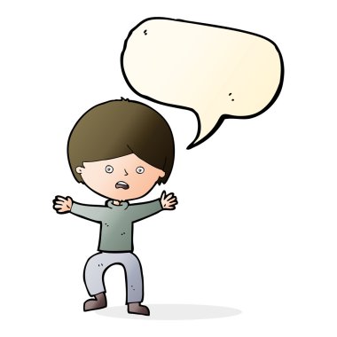 Çizgi filmci çocuk konuşma baloncuğuyla panikliyor.