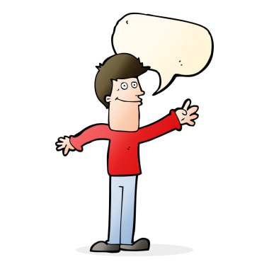 karikatür mutlu bir adam ile konuşma balonu sallayarak