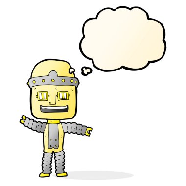 Düşünce baloncuğu sallayan robot.