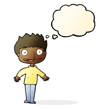 Düşünce baloncuğu olan heyecanlı çocuk.