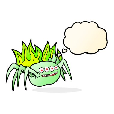 Düşünce baloncuklu korkunç örümcek çizgi filmi.