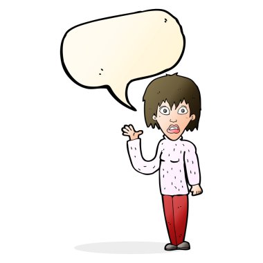 konuşma balonu ile el sallayarak şok kadın karikatür