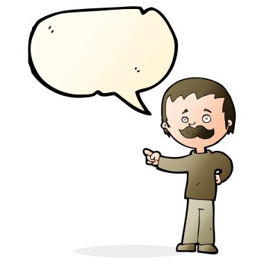 Çizgi filmdeki bıyıklı adam konuşma balonunu işaret ediyor.