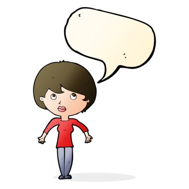 Çizgi filmdeki kadın konuşma balonuyla omuz silkiyor.