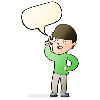 Konuşma baloncuğu fikri olan çizgi film çocuğu.