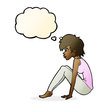 çizgi film kadın düşünce balonu ile oturuyordu