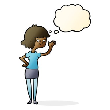 Çizgi film dostu kız düşünce balonuyla el sallıyor.