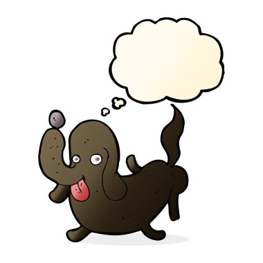 Düşünce baloncuğuyla dilini çıkaran çizgi film köpeği.