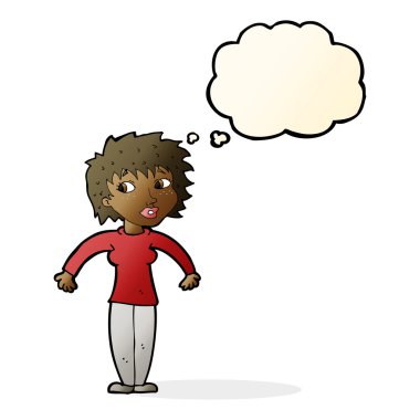 Çizgi filmdeki kadın düşünce balonuyla omuz silkiyor.