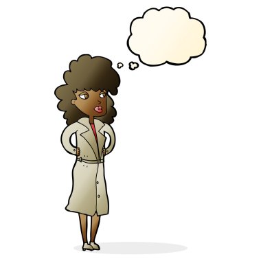 trençkot düşünce balonu ile kadında çizgi film