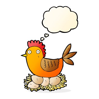 Düşünce baloncuklu yumurtalar üzerinde çizgi film tavuğu