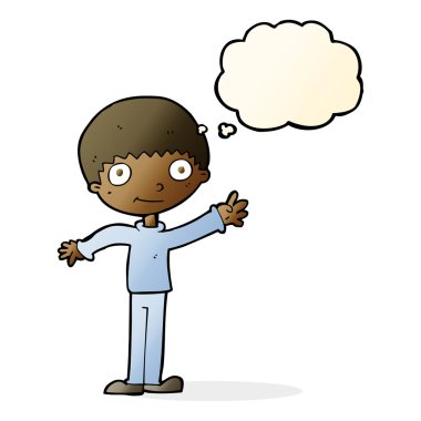 Düşünce baloncuğu olan mutlu bir çocuk.