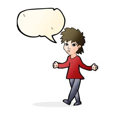 Çizgi filmdeki kadın konuşma balonuyla omuz silkiyor.