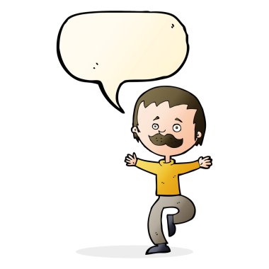 Konuşma baloncuklu bıyıklı çizgi film dansçısı.