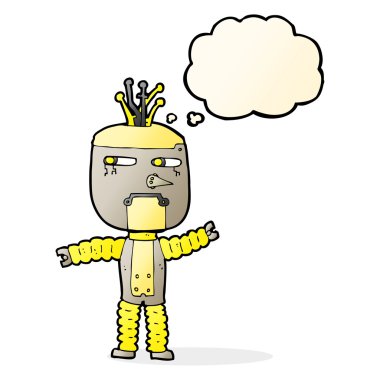 Düşünce baloncuğu sallayan robot.