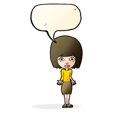 Çizgi filmdeki kadın konuşma balonuyla omuz silkiyor.