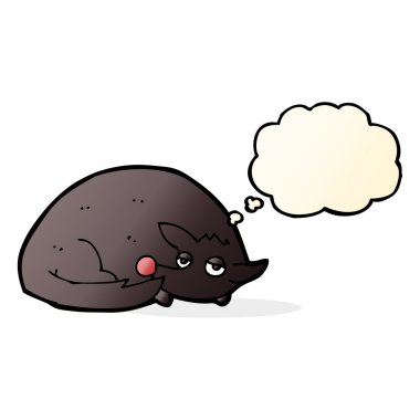 Düşünce baloncuklu kıvrılmış köpek çizgi filmi.