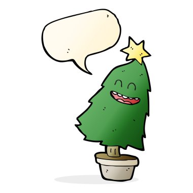 Konuşma baloncuğuyla dans eden karikatür ağacı