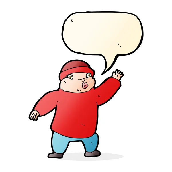 Homem dos desenhos animados em chapéu acenando com bolha de fala — Vetor de Stock