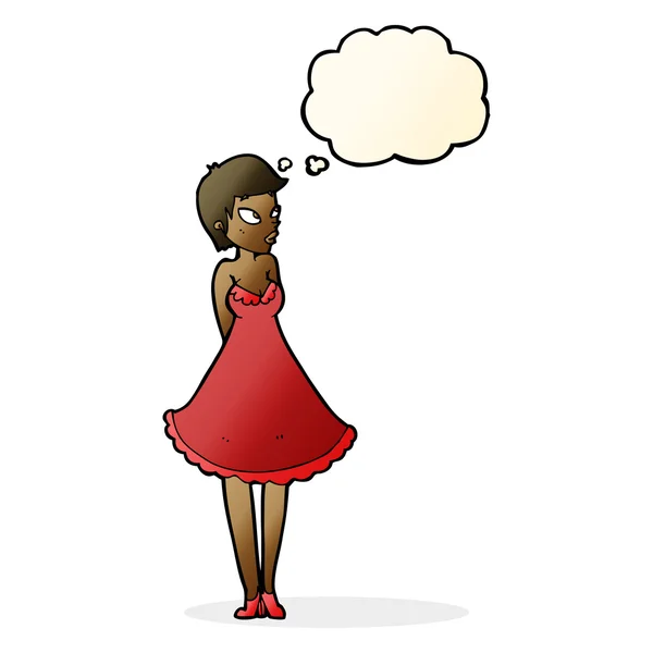 Dibujos animados mujer bonita en vestido con burbuja de pensamiento — Vector de stock
