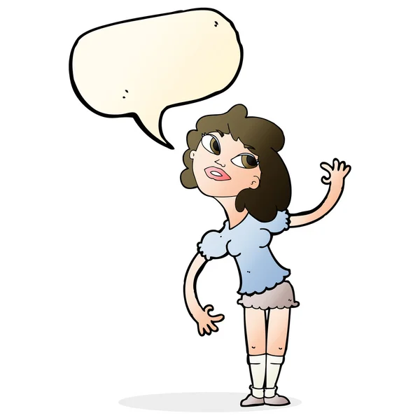 Cartoon woman waving with speech bubble — Stock Vector