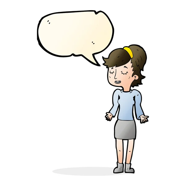 Cartoon woman shrugging shoulders with speech bubble — Stock Vector