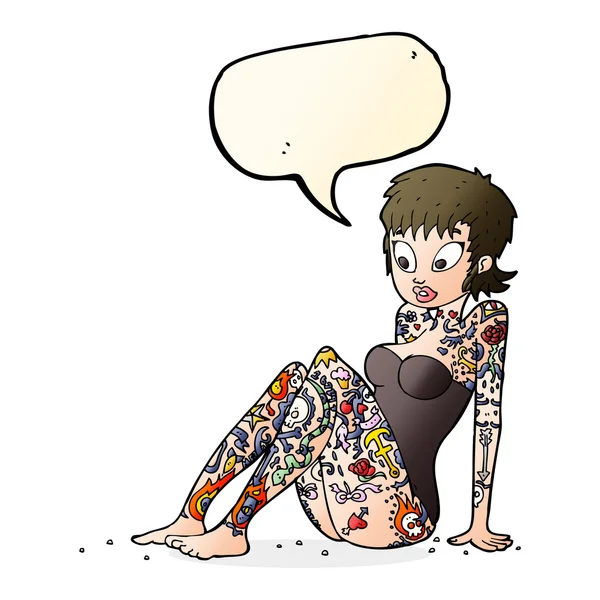 Fille de tatouage de dessin animé en maillot de bain avec bulle de parole — Image vectorielle