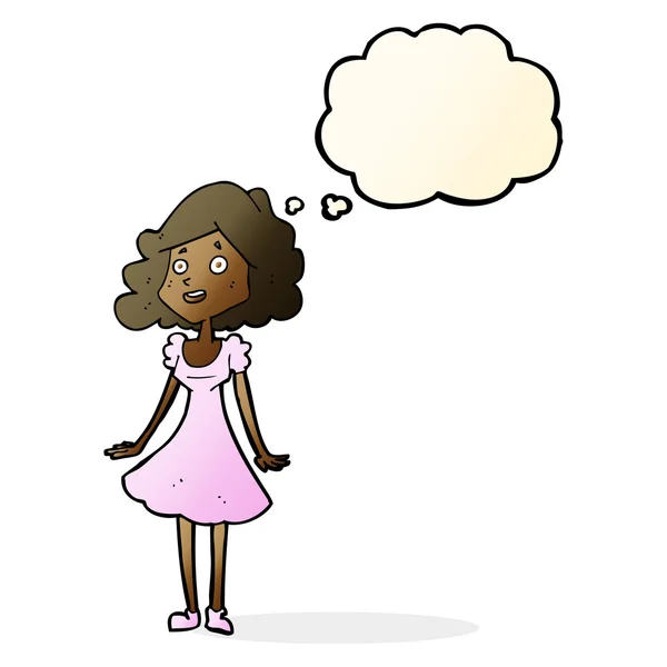Dessin animé femme heureuse en robe avec bulle de pensée — Image vectorielle