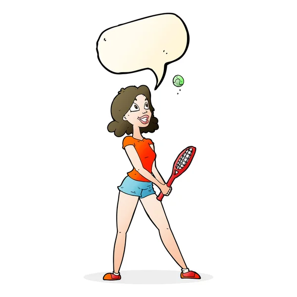 Mujer de dibujos animados jugando al tenis con la burbuja del habla — Vector de stock