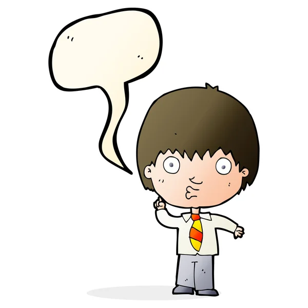 Cartoon school boy answering question with speech bubble — Stock Vector