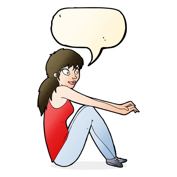 Karikatur glückliche Frau sitzt mit Sprechblase — Stockvektor