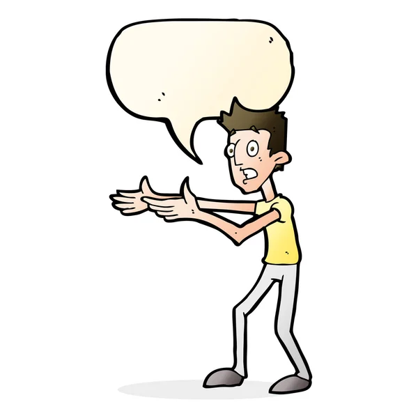 Καρτούν άνθρωπος απεγνωσμένα εξηγώντας με φούσκα ομιλία — Διανυσματικό Αρχείο
