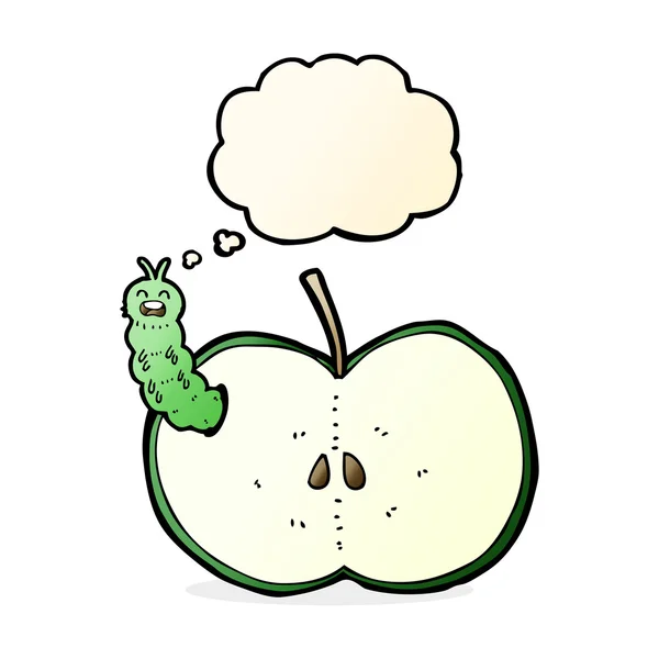 Cartoon bug eating apple with thought bubble — Stock Vector