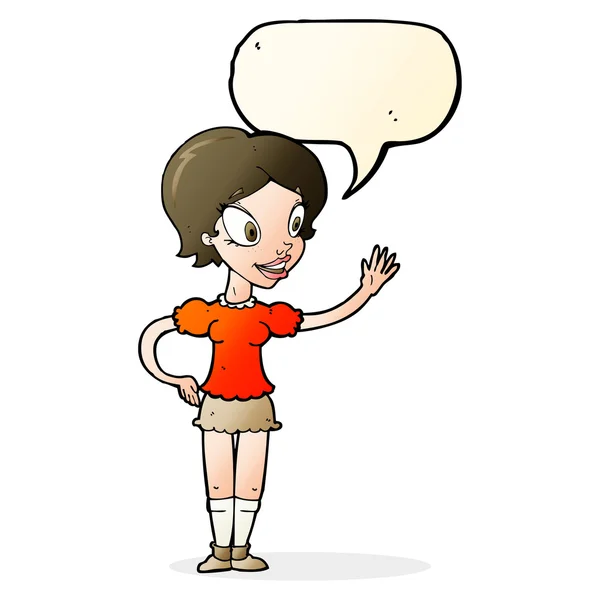 Cartoon zwaaien vrouw met tekstballon — Stockvector