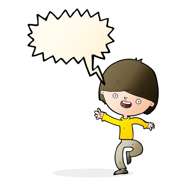 Kreslený šťastný chlapec tanec s bublinou řeči — Stockový vektor