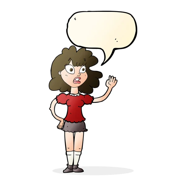 Karikatur besorgte Frau winkt mit Sprechblase — Stockvektor