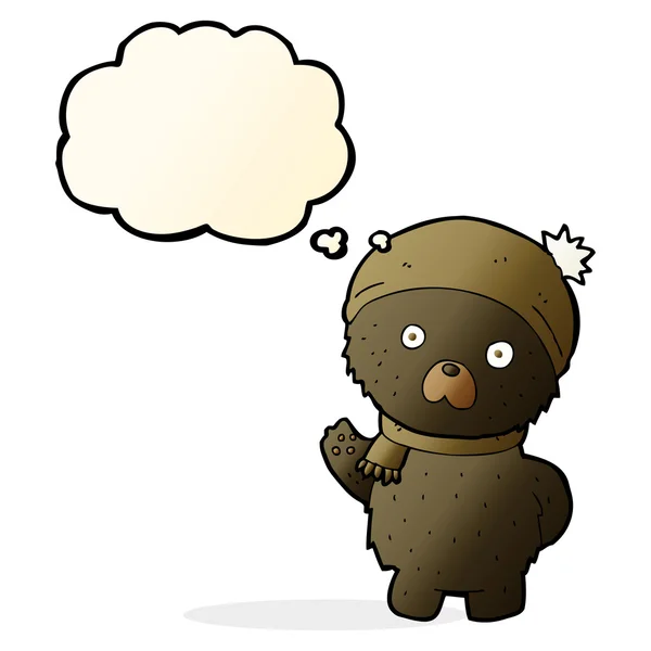 Dibujos animados lindo oso negro en el sombrero de invierno y bufanda con bub pensamiento — Vector de stock