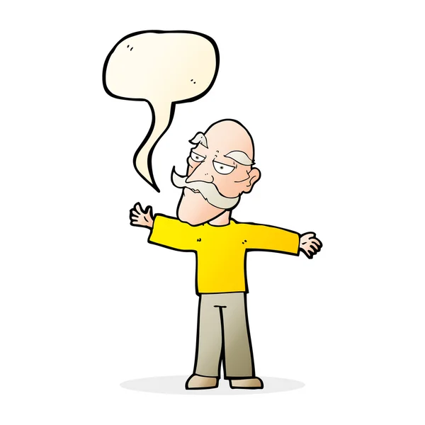 Cartone animato vecchio allargando le braccia con la bolla discorso — Vettoriale Stock