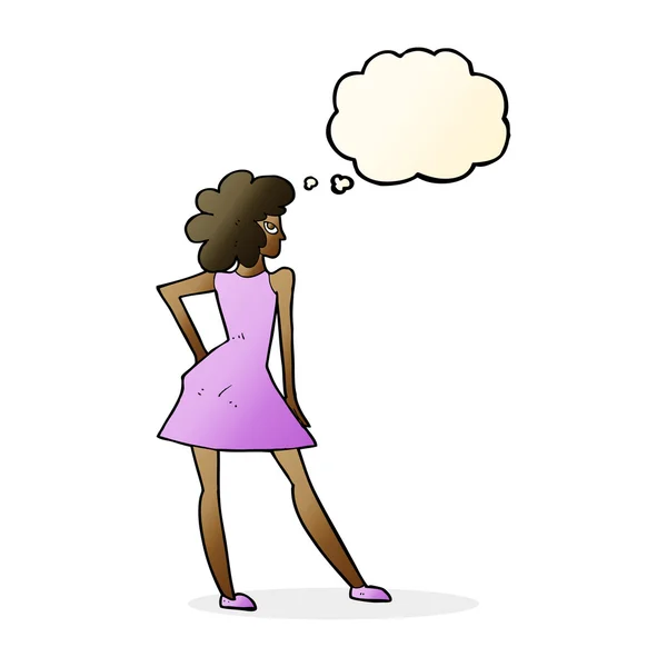 Donna dei cartoni animati posa in abito con bolla di pensiero — Vettoriale Stock
