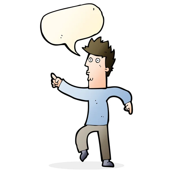 Cartoon worried man pointing with speech bubble — Stock Vector