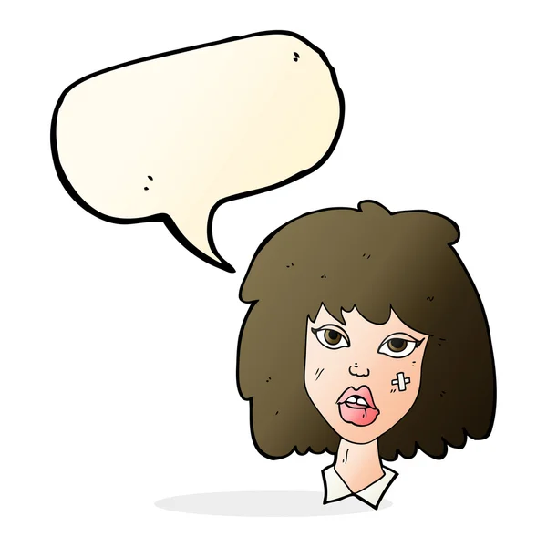 Mujer de dibujos animados con la cara magullada con burbuja del habla — Vector de stock