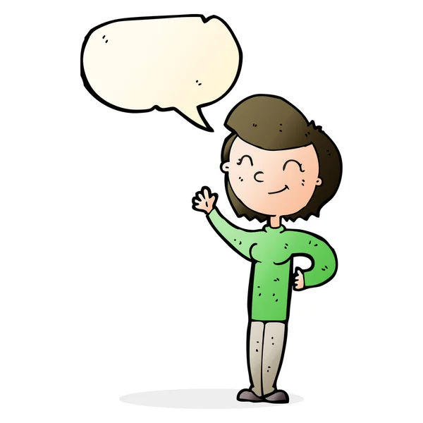 Dibujos animados mujer saludando amigable con burbuja de habla — Archivo Imágenes Vectoriales