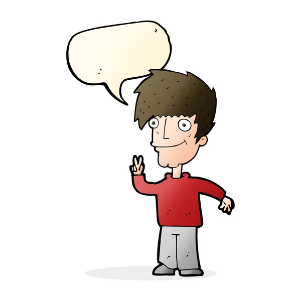 Γελοιογραφία άνθρωπος δίνοντας σημάδι ειρήνης με φούσκα ομιλία — Διανυσματικό Αρχείο