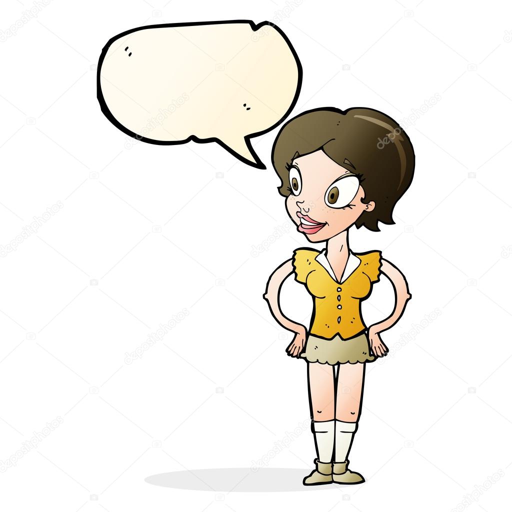 Cartoon Gluckliche Frau Im Kurzen Rock Mit Sprechblase Stockvektor C Lineartestpilot 102328146