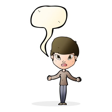 Çizgi filmdeki kadın konuşma balonuyla omuz silkiyor.