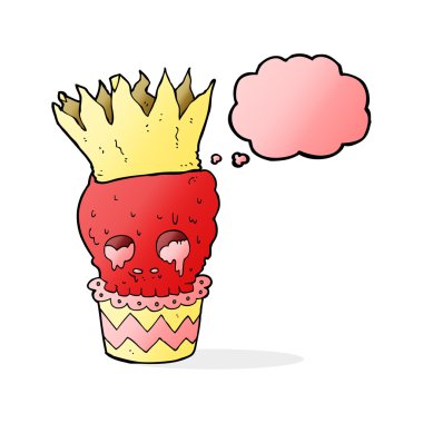 Düşünce baloncuklu ürkütücü kafatası kek çizgi filmi