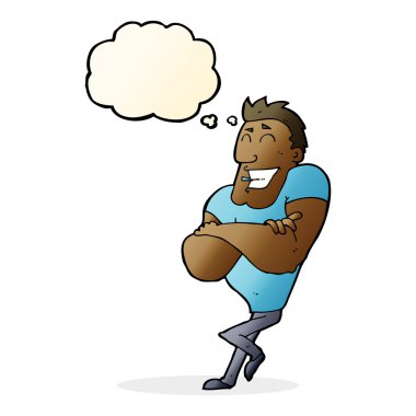 Düşünce baloncuğu olan kaslı adam.