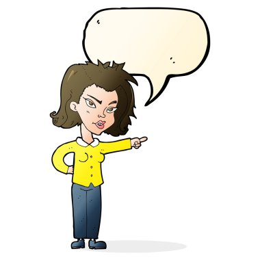 Çizgi filmdeki kadın konuşma balonunu işaret ediyor